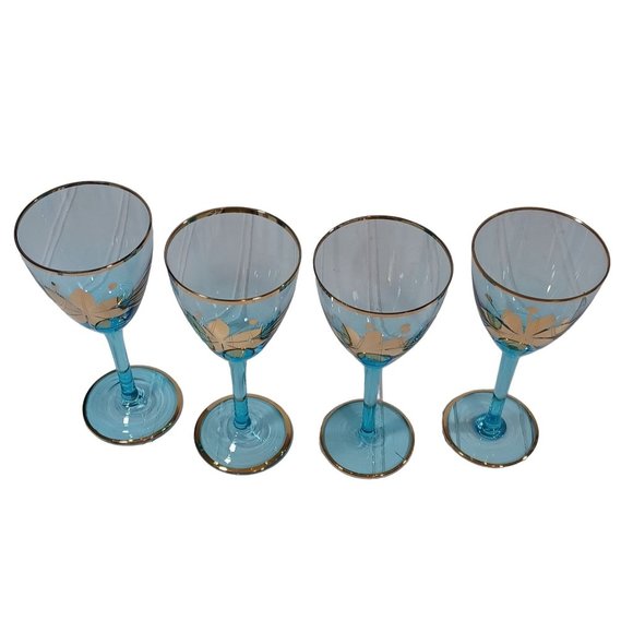 Mid Century Italian Art Glass Wine Cordial Glasses 24K Gold Turquoise Aqua Blue - Picture 4 of 7